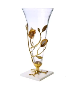 Classic Touch 15 Glass Vase With Leaf And Agate Stone Design