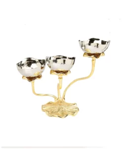 Classic Touch 3 Bowl Stainless Steel Relish Dish With Gold Lotus Foot