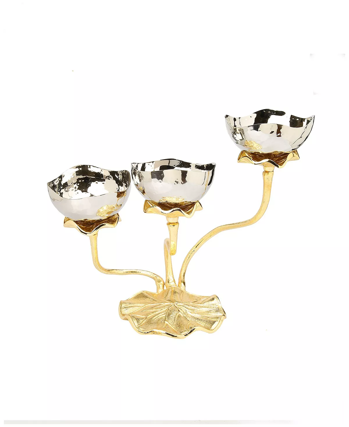 Classic Touch 3 Bowl Stainless Steel Relish Dish With Gold Lotus Foot 1 Classic Touch 3 Bowl Stainless Steel Relish Dish With Gold Lotus Foot